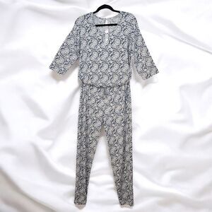 Quinze Heures Trente Paris Jumpsuit Large? Blue White‎ Textured Floral, Pockets